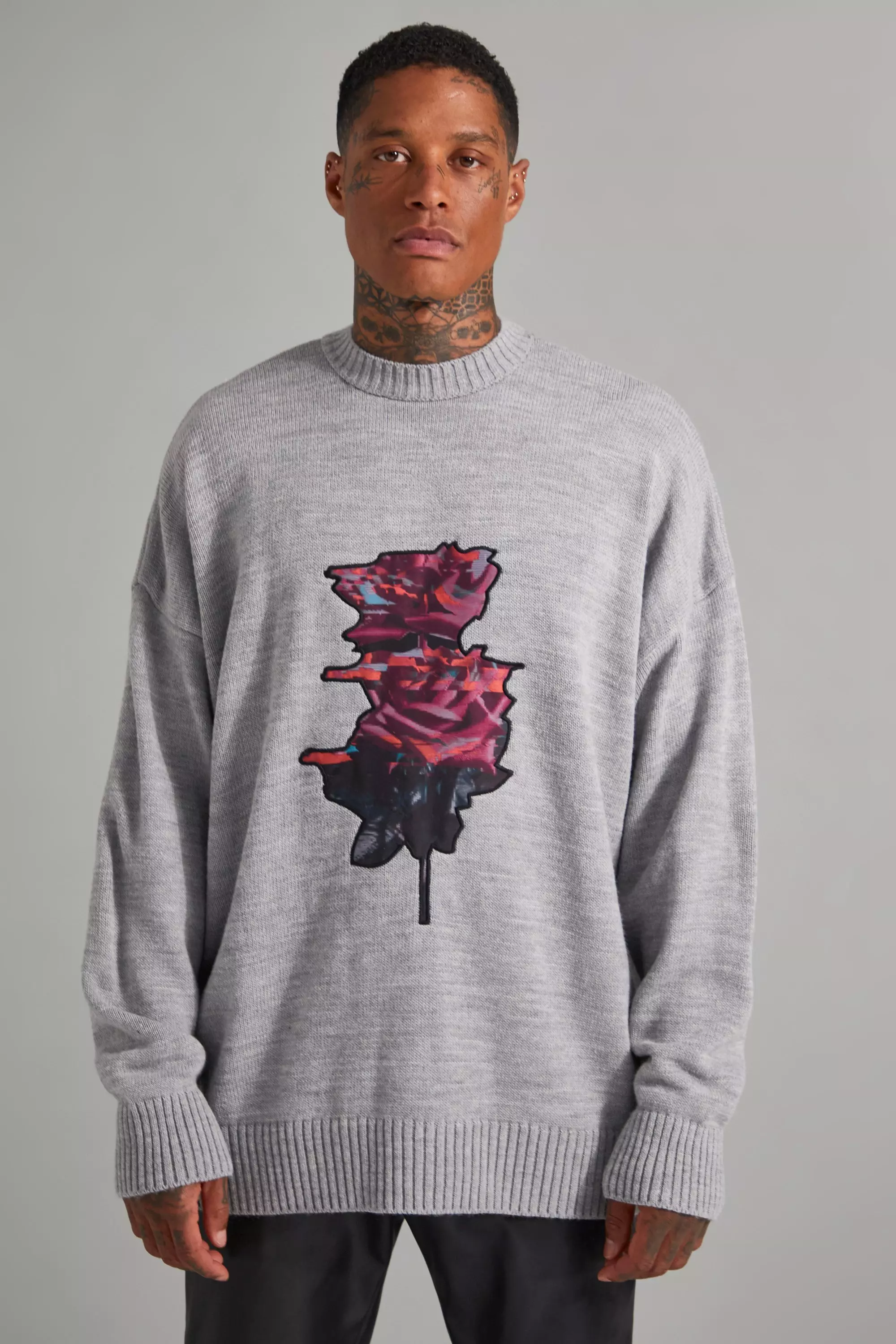 Rose Patch Knitted Jumper boohooMAN UK